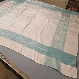 Vintage White and Teal Patterned Tablecloth